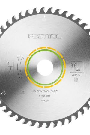 Festool HW 225x2,6x30 W48 Lame de scie circulaire WOOD FINE CUT ( 488289 ) 225 x 2,6 x 30 mm 48 dents pour panneaux lattés, contreplaqués, panneaux multiplex, verre acrylique, MDF Quantité Limitée