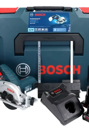 Bosch GKS 12V-26 Professional Scie circulaire sans fil 85mm avec boîtier L-Boxx + 2x Batteries GBA 6,0 Ah + Chargeur rapide GAL 1230 CV Commander Vite