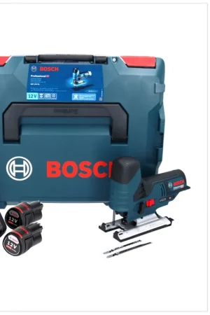 Bosch GST 12V-70 Professional Scie sauteuse sans fil avec boîtier L-Boxx + 2x Batteries GBA 12 V 3 Ah + Chargeur rapide GAL 1230 CV Pas Cher