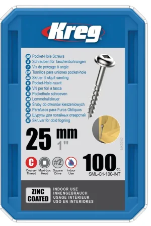 Satisfait Ou Remboursé KREG Vis à tête cylindrique Pocket-Hole 25 mm 100 pces ( SML-C1-100 ) Entraînement carré Filetage partiel Filetage grossier autotaraudeur galvanisé