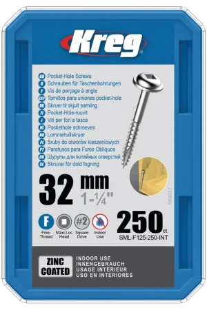Marque KREG Pocket-Hole Vis en acier zingué avec tête rondelle 32mm - 250 pièces avec filetage fin ( SML-F125-250 )