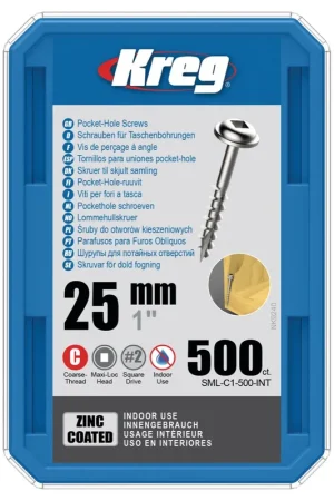 Certifié KREG Vis à tête cylindrique Pocket-Hole 25 mm 500 pces ( SML-C1-500 ) Entraînement carré Filetage partiel Filetage grossier autotaraudeur galvanisé