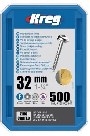 KREG Pocket-Hole Vis avec Filetage fin 32 mm - 500 pièces ( SML-F125-500 ), Taraudage partiel, Taraudage filetage fin, Autotaraudeur galvanisé Solde