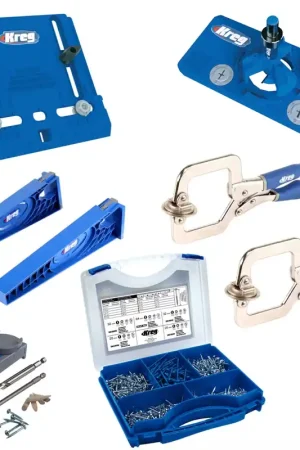 Meilleur Prix KREG Kit de montage de meubles avec Cabinet Hardware Jig ( KHI-PULL ) + Concealed Hinge Jig ( KHI-HINGE ) + 2 x serre-joints rapides ( KHC-PREMIUM ) + Drawer Slide Jig ( KHI-SLIDE ) + R3 + assortiment de vis ( SK03 )