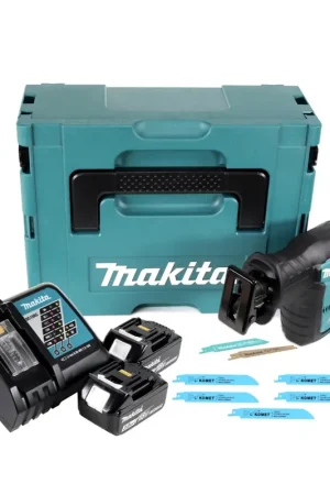 Promotion Makita DJR 188 RFJ Scie sabre sans fil 18 V brushless + 2x Batteries 3,0 Ah + Chargeur + 5x Lames de scie Métal Bois + Makpac