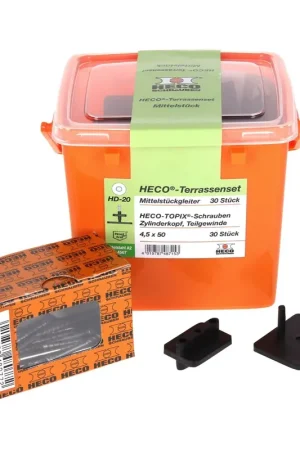 Offre Du Jour HECO Set de fixations pour terasse, 30 pcs + Vis HECO TOPIX 4,5 x 50 mm HD 20 + Coffret ( 48715 )