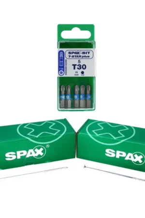Commande En Gros SPAX Set d'embouts T-STAR plus T30 - 6,4 x 25 mm, 5 pcs. + Vis à tête plate HI.FORCE 6,0 x 40 mm 200 pcs. (5000009182309) (0251010600405)