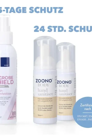 Dernière Chance Zoono Kit de désinfection de surface Z-71 Micobe Shield 120 ml - 1x pièce + 2x Désinfection des mains 50 ml (certifié selon PAS 2424 / EN13697 / EN1276 / EN1650)