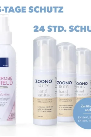 Zoono Kit de désinfection de surface Z-71 Micobe Shield 120 ml -1x pièce + 3x Désinfection des mains 50 ml (certifié selon PAS 2424 / EN13697 / EN1276 / EN1650) Promotion