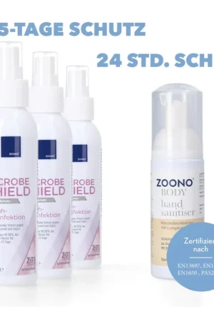 Zoono Kit de désinfection de surface Z-71 Micobe Shield 120 ml - 3x pièces + 1x Désinfectant des mains 50 ml (certifié selon PAS 2424 / EN13697 / EN1276 / EN1650) Nouveauté