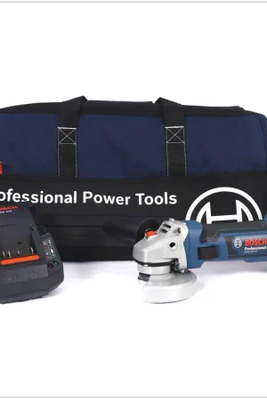Petit Prix Bosch GWS 18 V-Li Meuleuse d'angle sans fil Professional 115 mm + 1x Batterie GBA 4,0 Ah Li-Ion + Chargeur Bosch AL 1860 CV + Sac à outils Bosch