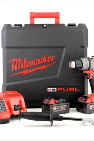 Milwaukee M18 FDD 502C Perceuse visseuse sans fil 18 V sans balai + 2x Batteries 5 Ah Red Li-Ion + Chargeur + Coffret de transport ( 4933451254 ) Marque