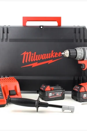 Nouveauté Milwaukee M18 CDD 502C Perceuse sans fil 18 V, sans balai + 2x Batteries Li-Ion 5 Ah + Chargeur + Coffret (4933448125)
