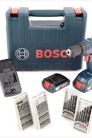 Perceuse-visseuse sans fil Bosch GSR 1800-Li 18 V dans un coffret avec 2 batteries de 1,5 Ah, chargeur, embout de 63 pièces et jeu de perceuses Promotion