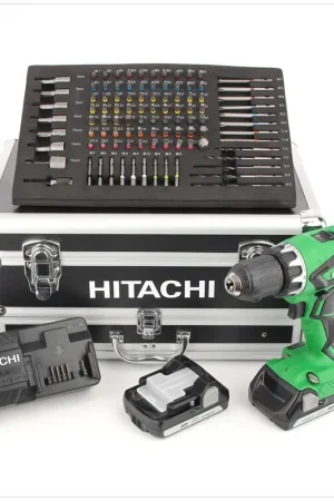 Certifié Hitachi DS 18 DJL Perceuse-visseuse sans fil 18 V + 2x Batteries de 1,5 Ah + Chargeur + Jeu de 100 mèches et forêts + Coffret en aluminium