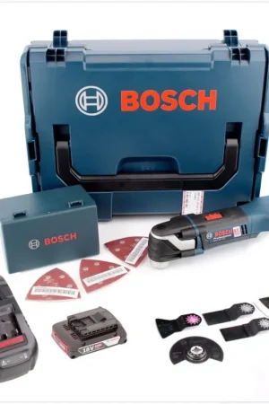 Découpeuse multifonction sans balais Bosch GOP 18 V-EC Professional en L-Boxx + 1 batterie GBA 2 Ah avec chargeur GAL 1880 et jeu d'accessoires de 20 pièces Offre Exclusive