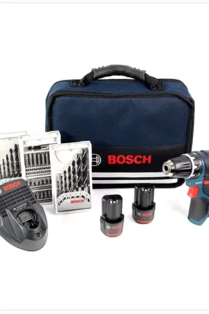 Prix Promo Bosch GSR 10,8 V-LI Professional Perceuse-visseuse sans fil, solo + 2x Batteries 2,0 Ah + Chargeur + Sac + 39x Accessoires