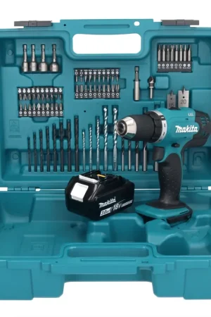 Dernière Chance Makita DDF 453 F1X1 Perceuse-visseuse sans fil 18 V 42 Nm + 1x Batterie 3,0 Ah + kit d'accessoires - 74 pièces + Mallette - sans chargeur