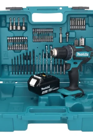 Prix Bas Makita DDF 482 T1X1 Perceuse-visseuse sans fil 18 V 62 Nm + 1x Batterie 5,0 Ah + kit d'accessoires - 74 pièces + Mallette - sans chargeur