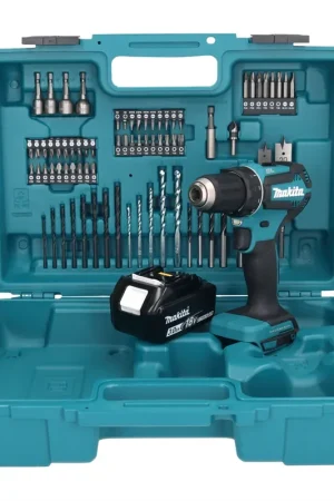 Offre Limitée Makita DDF 485 F1X1 Perceuse-visseuse sans fil 18 V 50 Nm brushless + 1x Batterie 3,0 Ah + kit d'accessoires - 74 pièces + Mallette - sans chargeur