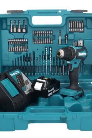 Makita DDF 485 RF1X1 Perceuse-visseuse sans fil 18 V 50 Nm sans balais + 1x Batterie 3,0 Ah + Chargeur + kit d'accessoires - 74 pièces + Mallette Offre Exclusive
