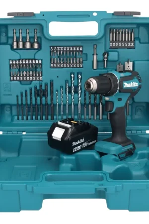 Makita DDF 485 T1X1 Perceuse-visseuse sans fil 18 V 50 Nm sans balais + 1x Batterie 5,0 Ah + kit d'accessoires - 74 pièces + Mallette - sans chargeur Commander Vite