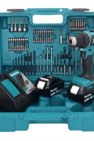 Pas Cher Makita DDF 485 RTX1 Perceuse-visseuse sans fil 18 V 50 Nm sans balais + 2x Batteries 5,0 Ah + Chargeur + kit d'accessoires - 74 pièces + mallette