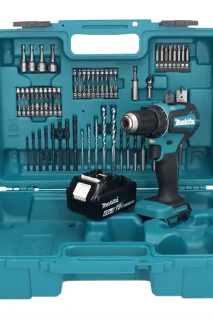 Dernier Modèle Makita DDF 485 G1X1 Perceuse-visseuse sans fil 18 V 50 Nm sans balais + 1x Batterie 6,0 Ah + kit d'accessoires - 74 pièces + Mallette - sans chargeur