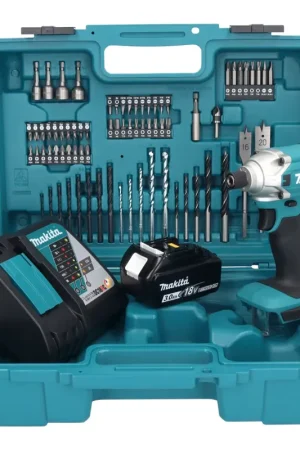 Authentique Makita DTD156RF1X1 Visseuse à percussion sans fil 155Nm 18V 1/4" + 1x Batterie 3,0Ah + Chargeur + Coffret + Set d'accessoires, 74 pcs.
