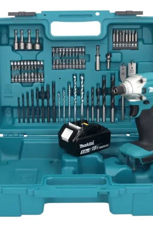 Makita DTD156T1X1 Visseuse à percussion sans fil 155Nm 18V 1/4" + 1x Batterie 5,0Ah + Chargeur + Coffret + Set d'accessoires, 74 pcs. Prix Bas