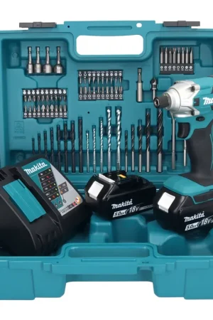 Acheter En Ligne Makita DTD156RTX1 Visseuse à percussion sans fil 155Nm 18V 1/4" + 2x Batteries 5,0Ah + Chargeur + Coffret + Set d'accessoires, 74 pcs.