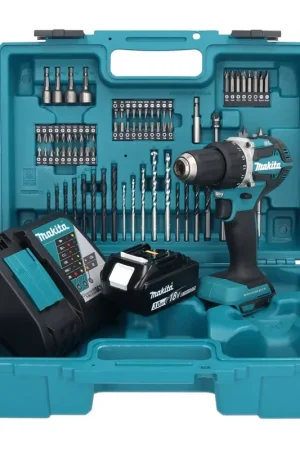 Promotion Makita DDF 484 RF1X1 perceuse-visseuse sans fil 18 V 54 Nm + 1x batterie 3,0 Ah + chargeur + jeu d'accessoires 74 pièces + mallette