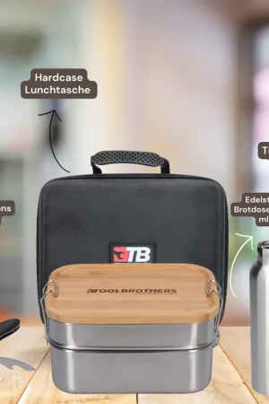 Toolbrothers Fan boîte à déjeuner dans étui rigide en acier inoxydable 2 étages couvercle en bambou 1340 ml + gourde en acier inoxydable 600 ml + 4 en 1 couverts multifonctions Expédié Aujourd'hui