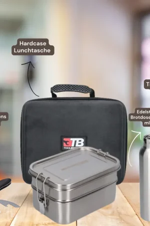 Toolbrothers Fan Boîte à déjeuner en étui rigide avec Sac de transport étanche avec 2 étages et couvercle en acier inoxydable 1340 ml + Gourde en acier inoxydable 600 ml + Couverts multifonctions 4 en 1 Jusqu'à Épuisement Des Stocks