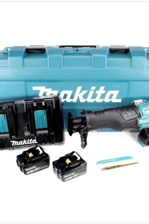 Makita DJR 360 PTJ Scie récipro sans fil 2x 18 V avec boîtier + 2x Batteries BL 1850 5,0 Ah + Double Chargeur Meilleur Prix