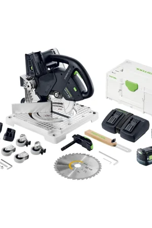 Dernière Chance Festool SYMC 70 EB-Basic SYMMETRIC Scie à plinthes sans fil 36 V ( 2 x 18 V ) 216 mm + 2x batterie 5,0 Ah + double chargeur + Systainer