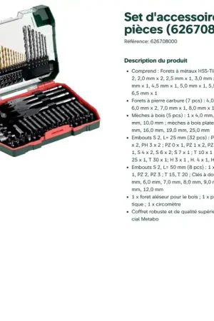 Coffret d’accessoires Metabo 86 pièces forets embouts et douilles Retour Gratuit